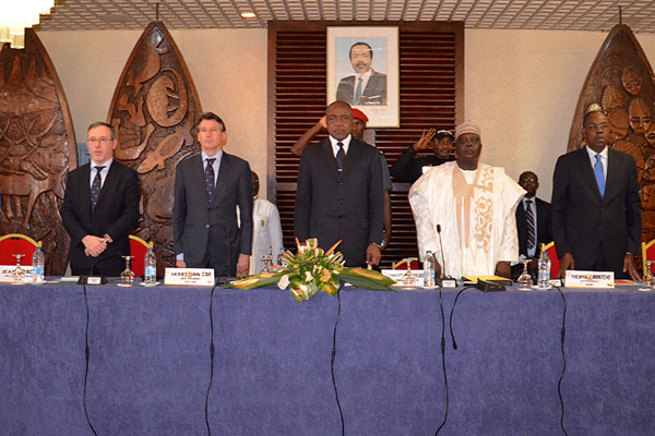 IAAF CEO Jean Gracia, IAAF President Seb Coe, Minister of Sports and Physical Education Pierre Ismael Bidoung Mkpatt, IAAF Vice President Hamad Kalkaba Malboum and CAA Vice-President Theophile Montcho at the CAA Council Meeting (CAA)