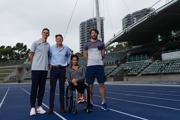 Brandon Starc, IAAF President Sebastian Coe, Madison De Rozario and Nick Hough at the installation of an air quality monitor at Sydney Olympic Park Athletic Centre (Getty Images)