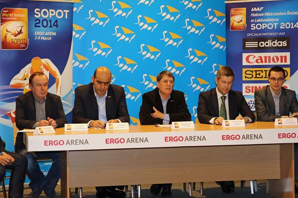 Co-ordination Commission visit press conference - left to right: - Sopot 2014 Competition Director Jerzy Smolarek, Essar Gabriel, Organisation Delegate Jose Maria Odriozola, Deputy Mayor of Sopot Bartosz Piotrusiewicz and Kamil Kukulka, Director General of Sopot 2014 (AMS)