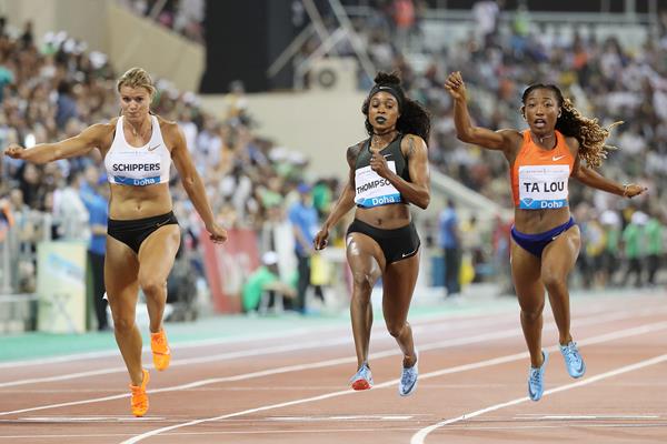Dafne Schippers, Elaine Thompson and Marie-Josee Ta Lou in action at the Diamond League meeting in Doha (AFP / Getty Images)