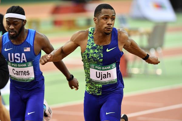 CJ Ujah on his way to winning the 60m at the World Athletics Indoor Tour meeting in Dusseldorf (Gladys Chai von der Laage)