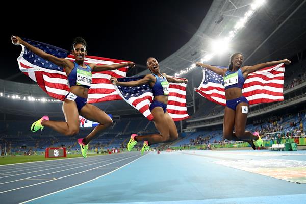 Bronze medallist Kristi Castlin, gold medallist Brianna Rollins and silver medallist Nia Ali after the 100m hurdles at the Rio 2016 Olympic Games (Getty Images)