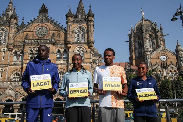 Cosmas Lagat, Amane Beriso, Ayele Abshero and Worknesh Alemu ahead of the 2020 Mumbai Marathon (Procam International)