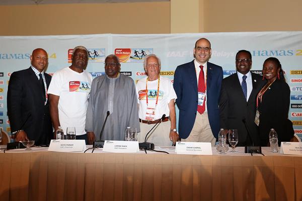 LOC managing director Lionel Haven, LOC vice deputy chairman Mike Sands, IAAF president Lamine Diack, LOC chairman Keith Parker, IAAF general secretary Essar Gabriel, Bahaman minister of sport Daniel Johnson and IAAF council member Pauline Davis-Thompson at the press conference ahead of the 2014 IAAF World Relays in Nassau (Getty Images)