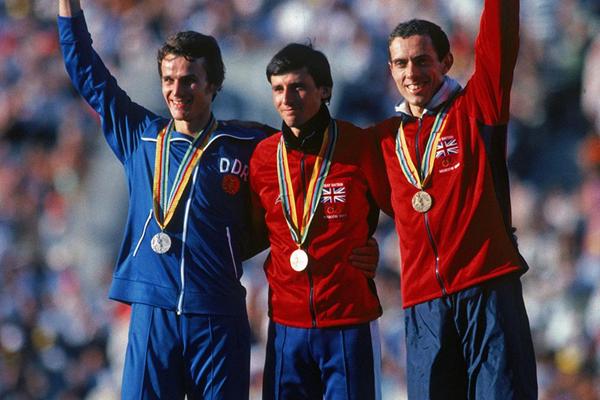 Jurgen Straub, Sebastian Coe and Steve Ovett on the 1500m podium at the 1980 Olympics (Getty Images)