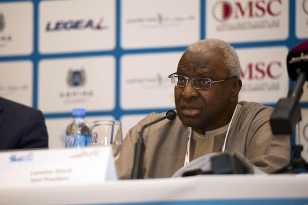 Lamine Diack at the 2014 IAAF Diamond League press conference in Doha (Deca TxT)