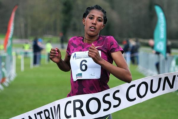 Birtukan Fente Alemu winning at the 2015 IAAF Antrim Cross Country International (Mark Shearman)
