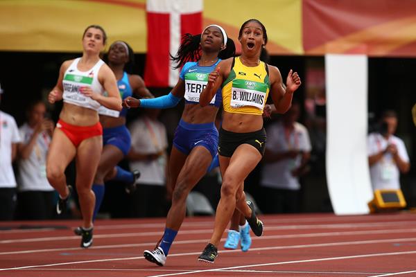 Surprise! Briana Williams after taking the 100m title at the IAAF World U20 Championships Tampere 2018 (Getty Images)