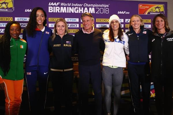 IAAF/LOC press conference line-up in Birmingham, from left: Marie-Josée Ta Lou, Katarina Johnson-Thompson, Sally Pearson, IAAF President Sebastian Coe, Ekaterini Stefanidi, Sandi Morris and Stacy Dragila (Getty Images)