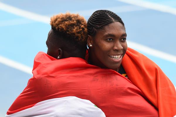 Caster Semenya and Francine Niyonsaba congratulate each other after the 800m final at the African Championships in Asaba (AFP/Getty Images)