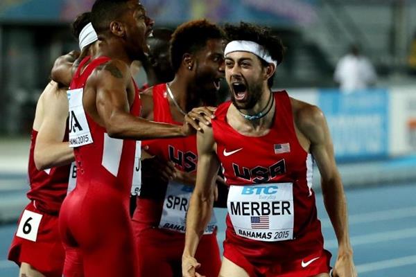 USA celebrate their world record in the distance medley at the IAAF/BTC World Relays, Bahamas 2015 (Getty Images)