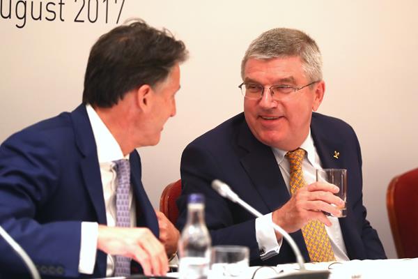 IAAF President Sebastian Coe and IOC President Thomas Bach at a press conference following a meeting between the IAAF Council and IOC Executive Board in London (Getty Images)