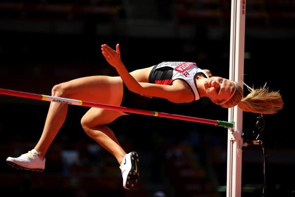 Brianne Theisen-Eaton in the heptathlon high jump at the IAAF World Championships, Beijing 2015 (Getty Images)