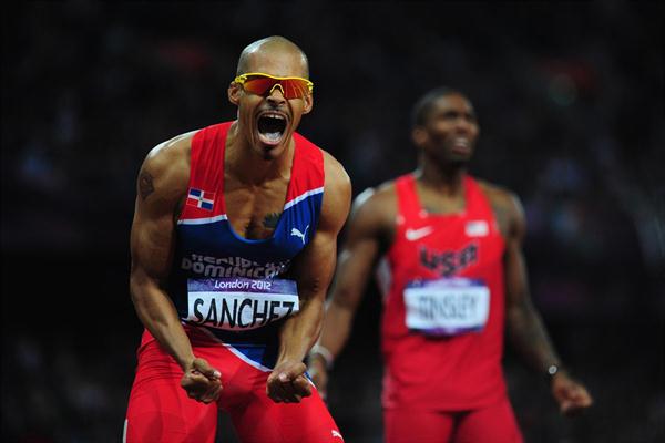 Felix Sanchez of Dominican Republic celebrates after winning the gold medal in the Men's 400m Hurdles final on Day 10 of the London 2012 Olympic Games on 6 August 2012 (Getty Images)