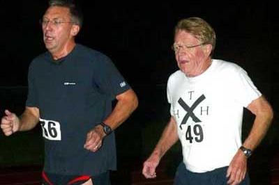 David Moorcroft and Chris Chataway running together on 13 October 2004, the 50-year anniversary of Chataway's 5000m world record (Mark Shearman)