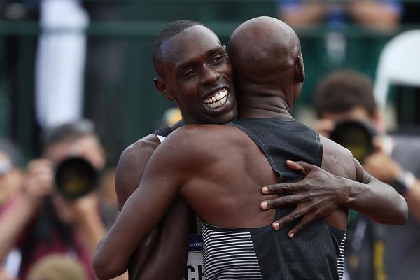 Paul Chelimo congratulates Bernard Lagat at the 2016 US Olympic Trials (Getty Images)
