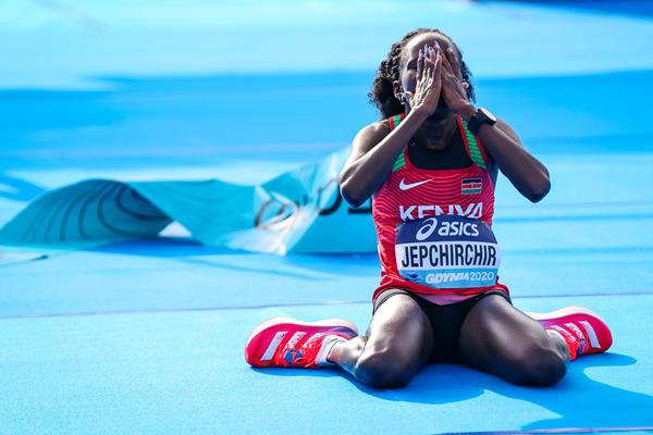 Peres Jepchirchir after winning the World Athletics Half Marathon Championships Gdynia 2020 (Dan Vernon)