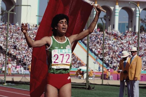 Nawal El Moutawakel after winning the 1984 Olympic Games 400m hurdles (Getty Images)