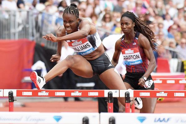 Danielle Williams en route to a 12.32 Jamaican record in the 100m hurdles at the IAAF Diamond League meeting in London (Kirby Lee)