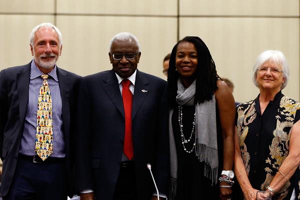 Opening of IAAF Council meeting in Eugene: Vin Lananna, Lamine Diack, Stephanie Hightower, Kitty Piercy (Getty Images)