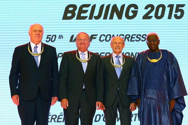 IAAF President Lamine Diack with IAAF Silver Order of Merit recipients Helmut Digel, Robert Hersh and Hansjorg Wirz at the Opening Ceremony and Dinner for the 50th IAAF Congress at the Great Hall of the People in Beijing (Getty Images)