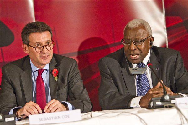 IAAF Vice President Sebastian Coe and IAAF President Lamine Diack after the London 2017 decision was announced (Phillipe Fitte)