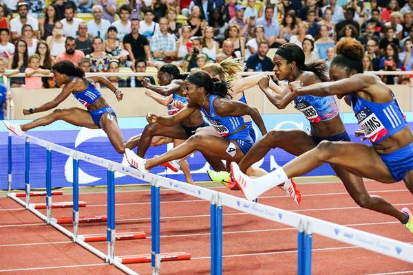 Kendra Harrison (centre) on her way to winning the 100m hurdles at the IAAF Diamond League meeting in Monaco (Philippe Fitte)