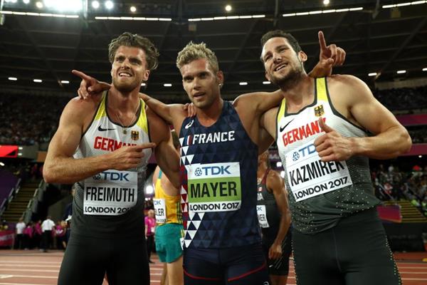 Decathlon medallists Kevin Mayer, Rico Freimuth and Kai Kazmirek at the IAAF World Championships London 2017 (Getty Images)