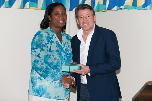 IAAF President Coe with Grenada's Minister of Sports, Youth and Religious affairs Emmalin Pierre, who opened the Congress (CARIFTA)