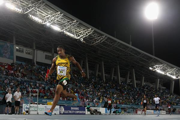 Yohan Blake of Jamaica on his way to anchoring a new world record of 1:18.63 in the Men's 4x200 metres relay during day one of the IAAF World Relays (Getty Images)