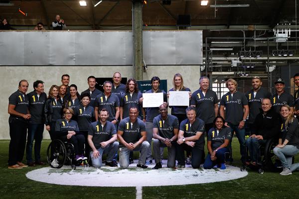 IAAF President Sebastian Coe (2nd from left) joins Laureus World Sports Academy members and ambassadors at a Laureus Sport for Good Jam in Berlin (Getty Images)