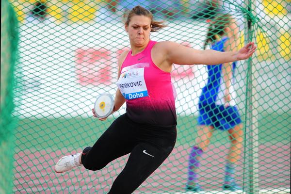 Sandra Perkovic smashes the meeting record in the Discus at the 2013 Doha Diamond League (Errol Anderson)