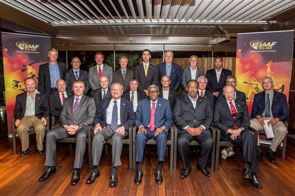 IAAF President Diack with his Vice-Presidents (Coe absent due to LOCOG duties) and Treasurer (all front row), and the representatives of the founding national Member Federations of the IAAF at the 16 July 2012 dinner at the Fairmont Hotel, Monte-Carlo (Philippe Fitte)
