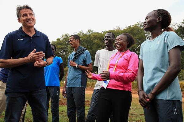 IAAF President Sebastian Coe with Tegla Loroupe and athletes from the refugee camp in Ngong (Getty Images)