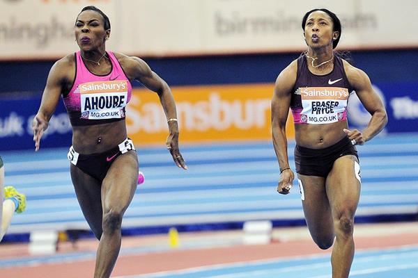 Murielle Ahoure and Shelly-Ann Fraser-Pryce at the Indoor Grand Prix in Birmingham (AFP / Getty Images)