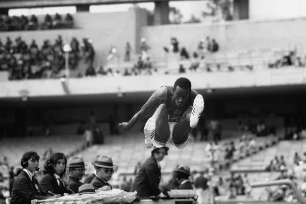 Bob Beamon flying to his 8.90m world record in Mexico City (Getty Images)