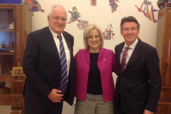 European Athletics President Svein-Arne Hansen, Albania's Minister of Education and Sports Lindita Nikolla and IAAF President Sebastian Coe (IAAF)