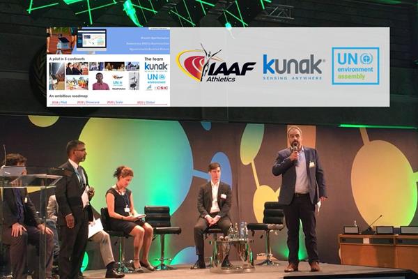 Sean Khan (UNEP), Stefanie Holtzwarth (UN Habitat), Nathan Palvoic (STI) and Miguel Escribano (Kunak) at the Science Policy Business Forum in Nairobi (UNEP)