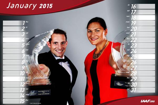 2015 IAAF desk calendar - January (Renaud Lavillenie & Valerie Adams) (Getty Images)