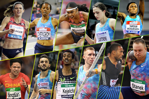 The 11 individual winners of the 2018 IAAF World Indoor Tour (Mark Shearman, Gladys Chai, Jean-Pierre Durand, Jiro Mochizuki)