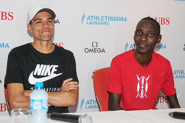 Matthew Centrowitz and Asbel Kiprop at the press conference for the IAAF Diamond League meeting in Lausanne (Daniel Mitchell)