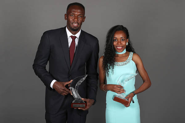World Athletes of the Year Usain Bolt and Almaz Ayana at the IAAF Athletics Awards 2016 (Giancarlo Colombo / IAAF)