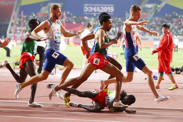 Ouch! Tedesse Lemi tumbles to the track in the opening round of the 1500m at the IAAF World Championships Doha 2019 (Getty Images)