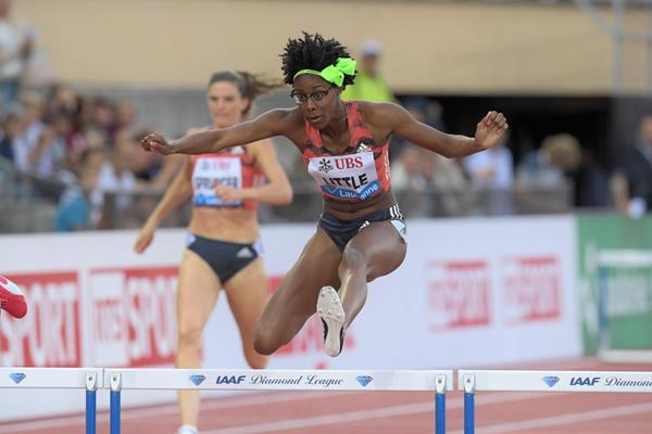 Shamier Little en route to her 400m hurdles win in Lausanne (Gladys Chai von der Laage)