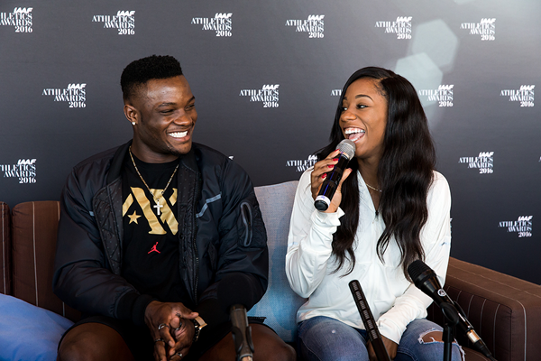 Omar McLeod and Kendra Harrison speak to the press ahead of the IAAF Athletics Awards 2016 (Philippe Fitte / IAAF)