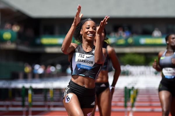 Kendra Harrison after winning the 100m hurdles at the 2016 IAAF Diamond League meeting in Eugene (Kirby Lee)