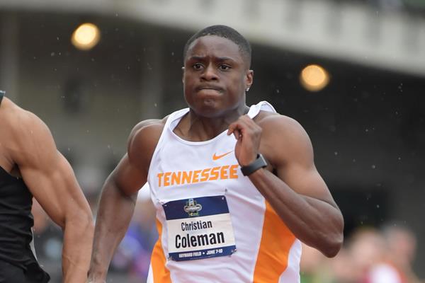 Christian Coleman en route to his 9.82 performance at the NCAA Championships in Eugene (Kirby Lee)