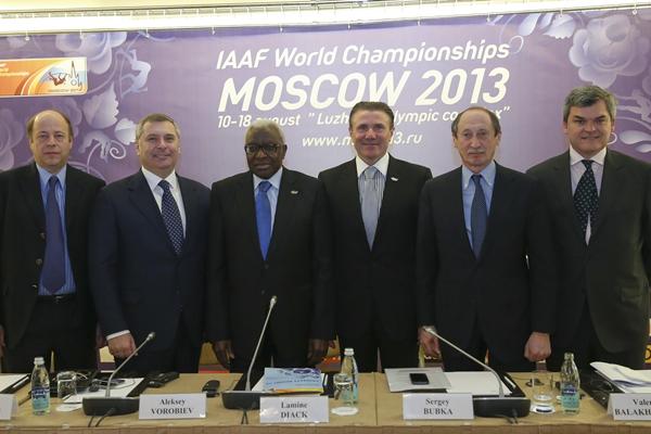 Moscow 2013 Press Conference, 8 April 2013 - Aleksandr Polinskiy, Aleksey Vorobiev, Lamine Diack, Sergey Bubka, Valentin Balakhnichev, Nick Davies (Aleksandr Melnikov / Moscow 2013 LOC)