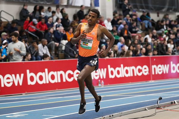 Hagos Gebrhiwet on his way to winning the 3000m at the IAAF World Indoor Tour meeting in Boston (Victah Sailer)