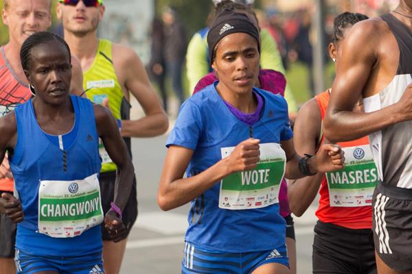 Purity Changwony and Shuko Genemo Wote in the 24th kilometre at the 2017 Ljubljana Marathon (Bob Ramsak)